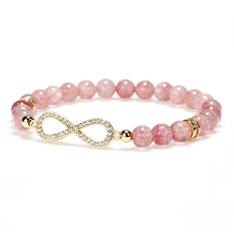 Close-up of TheFuMaster Strawberry Quartz Infinity Bracelet highlighting its polished gemstone texture