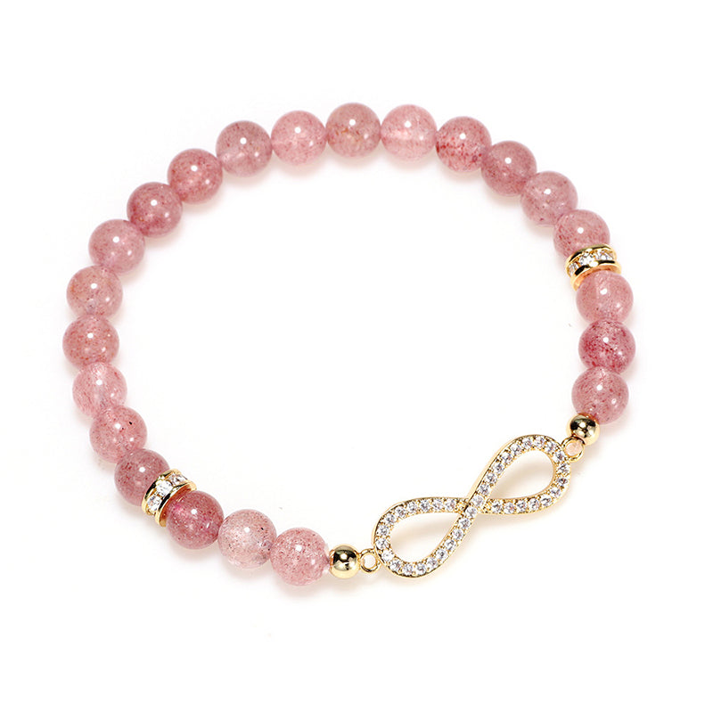 Displayed TheFuMaster Strawberry Quartz Infinity Bracelet – elegant energy accessory for love intention