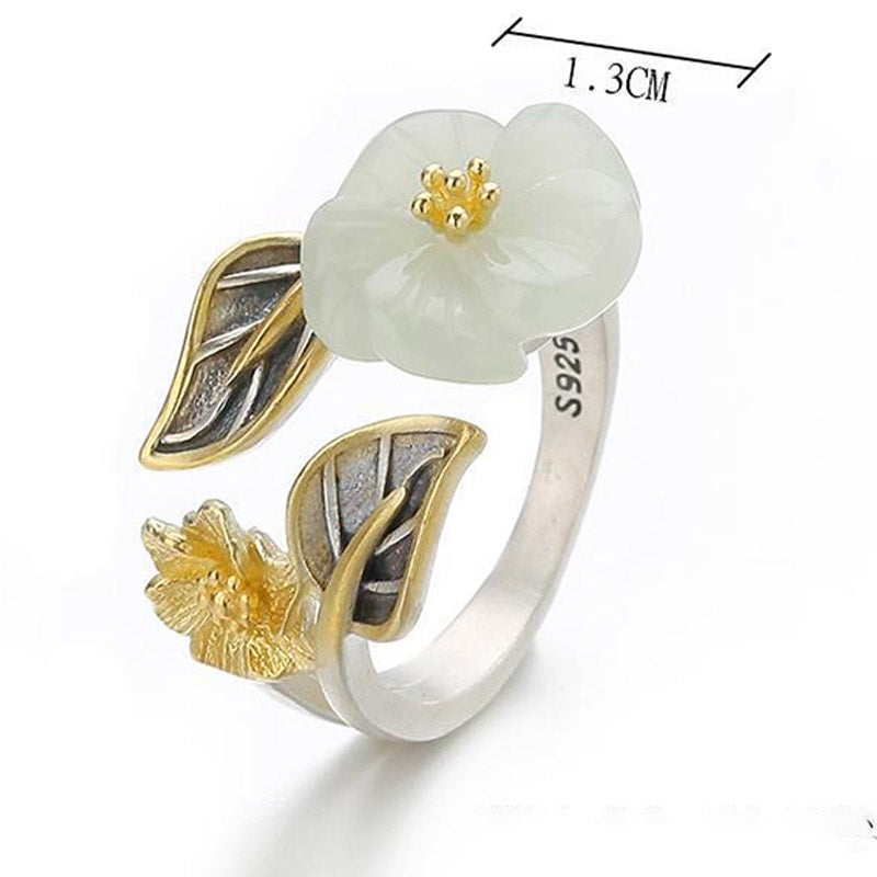 Size reference image of the White Jade Plum Flower Leaf Ring with dimensions and material detail