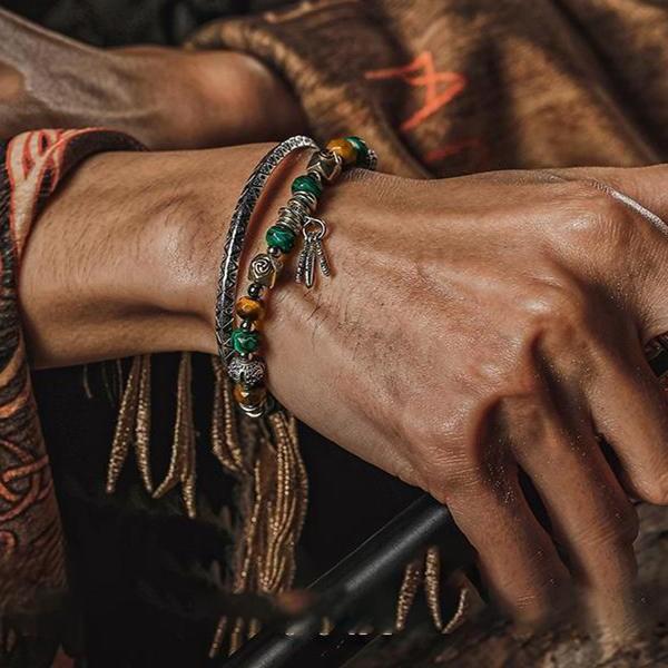 Retro Tiger Eye Sovereign Bracelet worn on wrist with stacked bracelet styling
