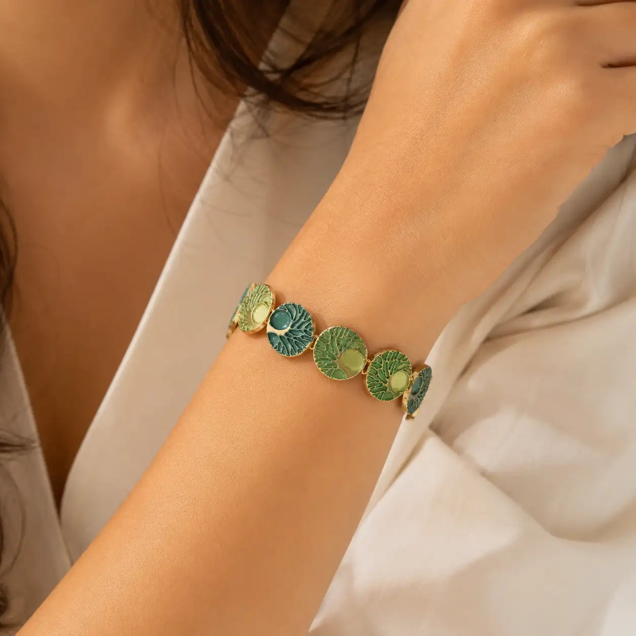 Close-up of Tree of Life Enamel Bracelet with tree of life