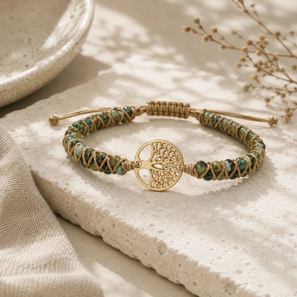 Tree of Life Jasper Woven Bracelet detail view with jasper and tree of life