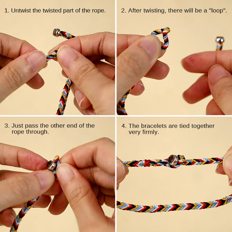Step-by-step guide showing how to adjust and wear TheFuMaster Vibrant Harmony Five-Color Protection Bracelet.