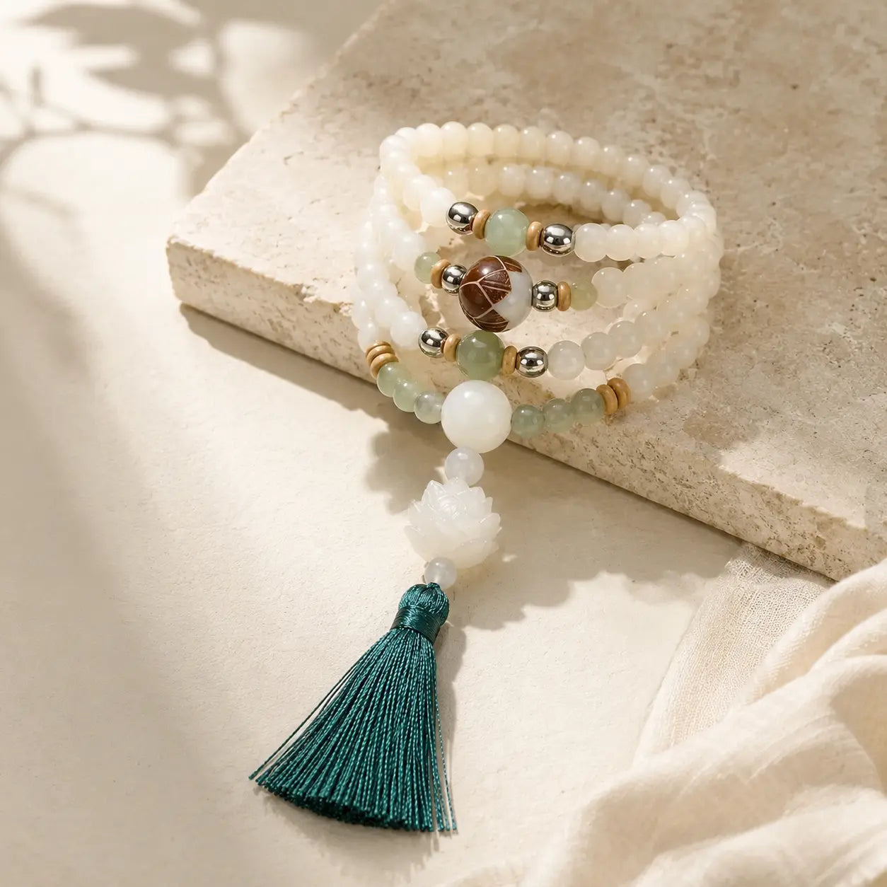 White Bodhi 108 Mala detail view with bodhi