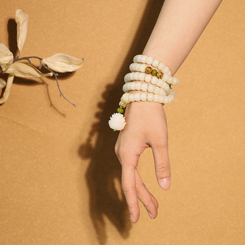 White Jade Lotus Mala Bracelet worn as a calmness bracelet