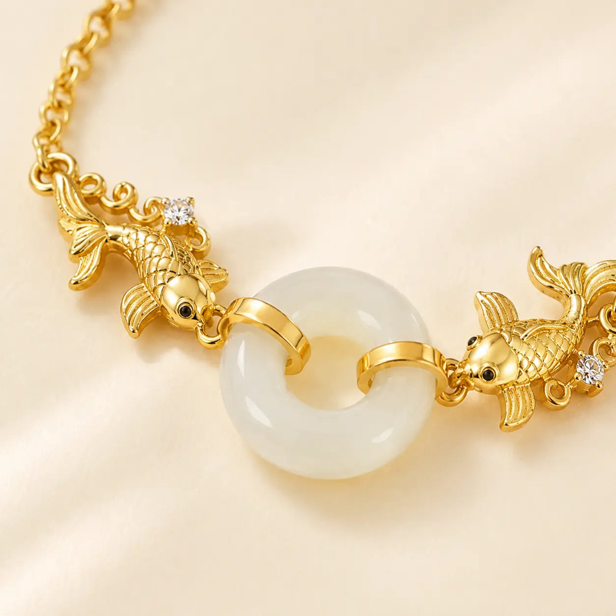 White Jade Koi Bracelet detail view with white jade and koi