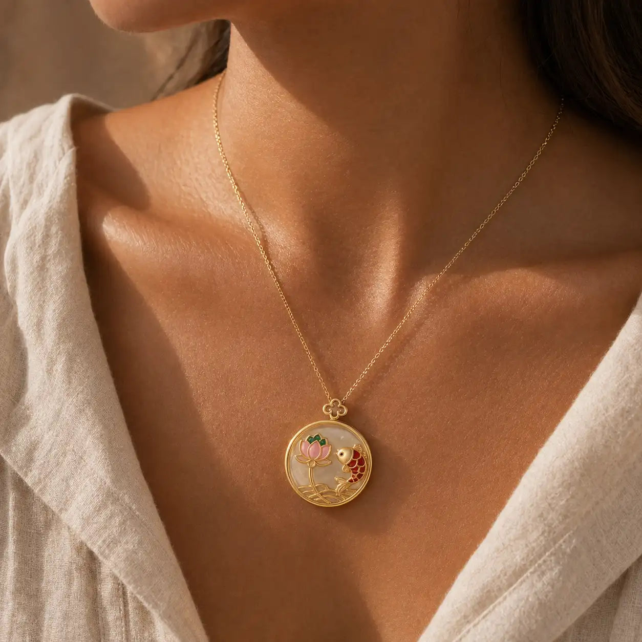 Serene Abundance White Jade Necklace worn as a white jade koi pendant
