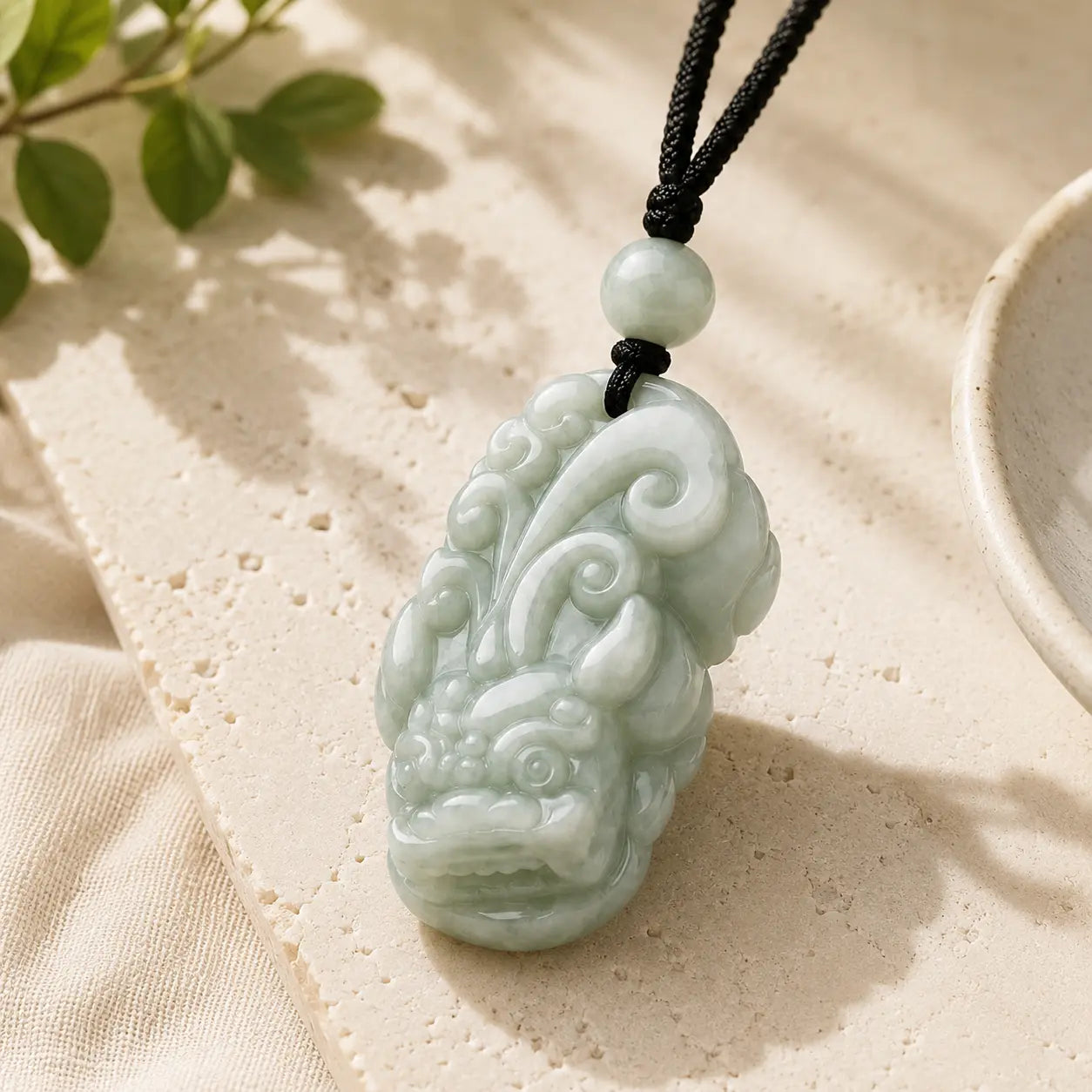 White Jade Pixiu Pendant detail view with white jade and pixiu
