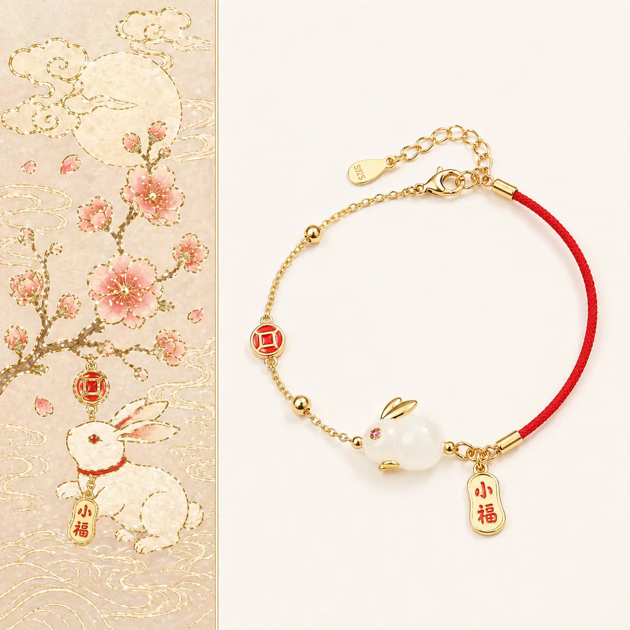 Bracelet with rabbit charms on a decorative card with floral and rabbit illustrations.