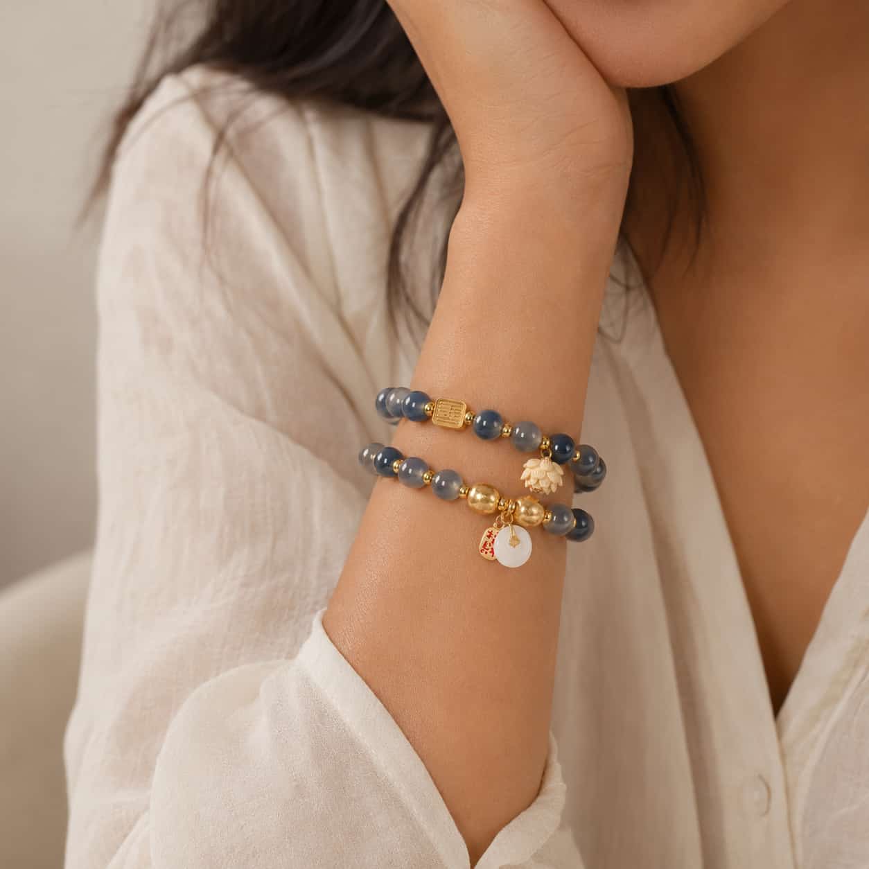 Close-up of White Sugar Agate Lotus Bracelet with agate and lotus