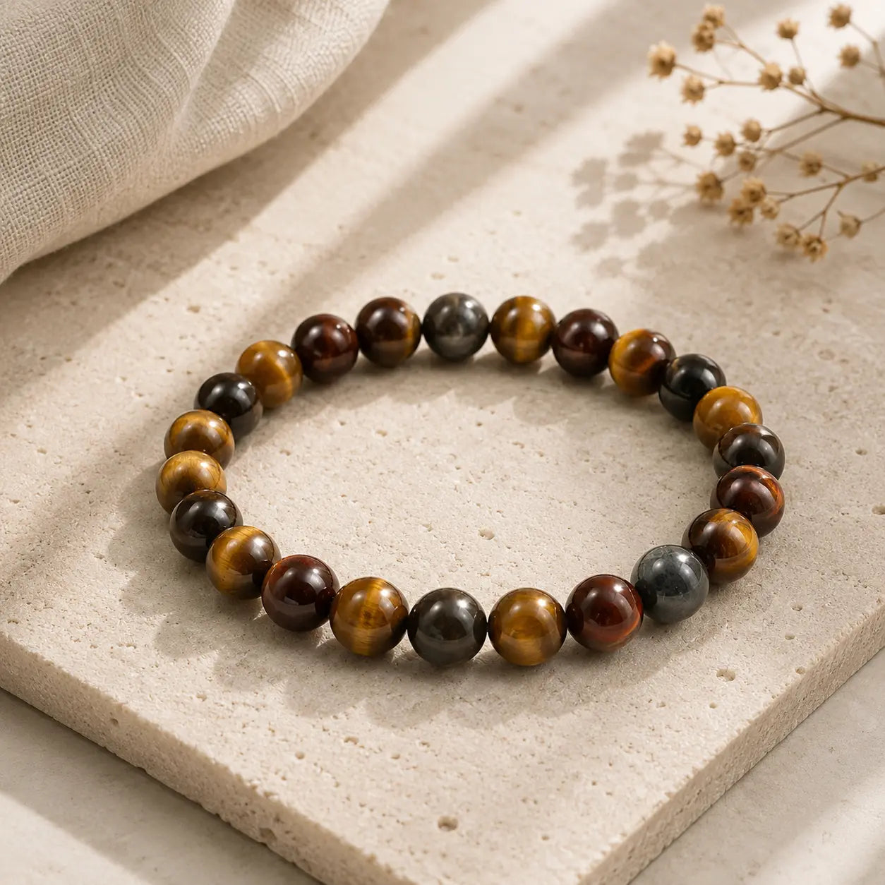 Yellow Tiger Eye Stone Bracelet detail view with tiger eye