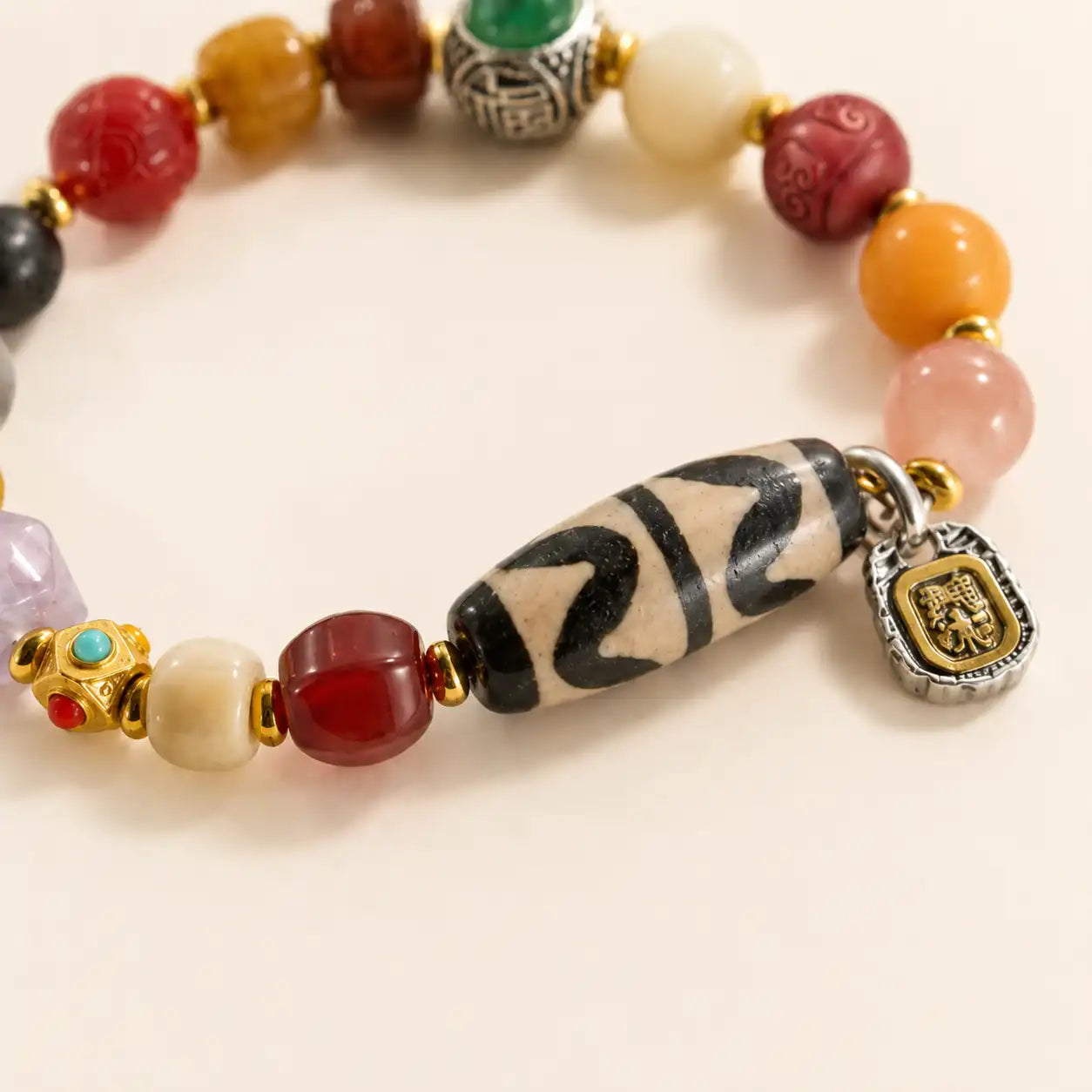 Yuntian Multi-Treasure Bracelet detail view with agate and bodhi