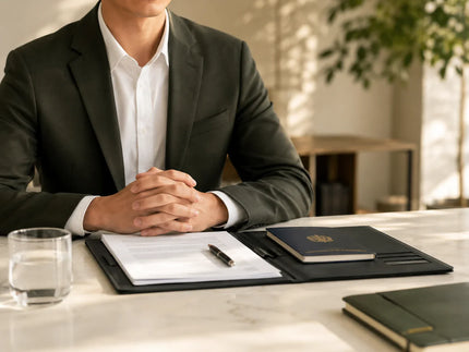 Calm visa interview preparation with documents and a professional setting