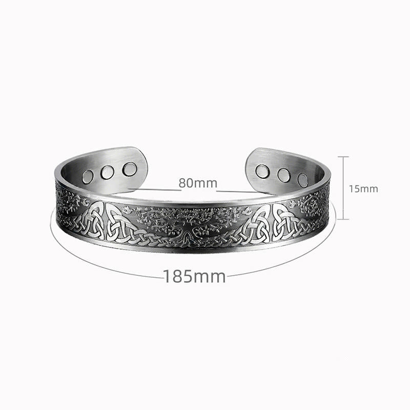 Silver bracelet with Celtic knot design and measurements on a white background