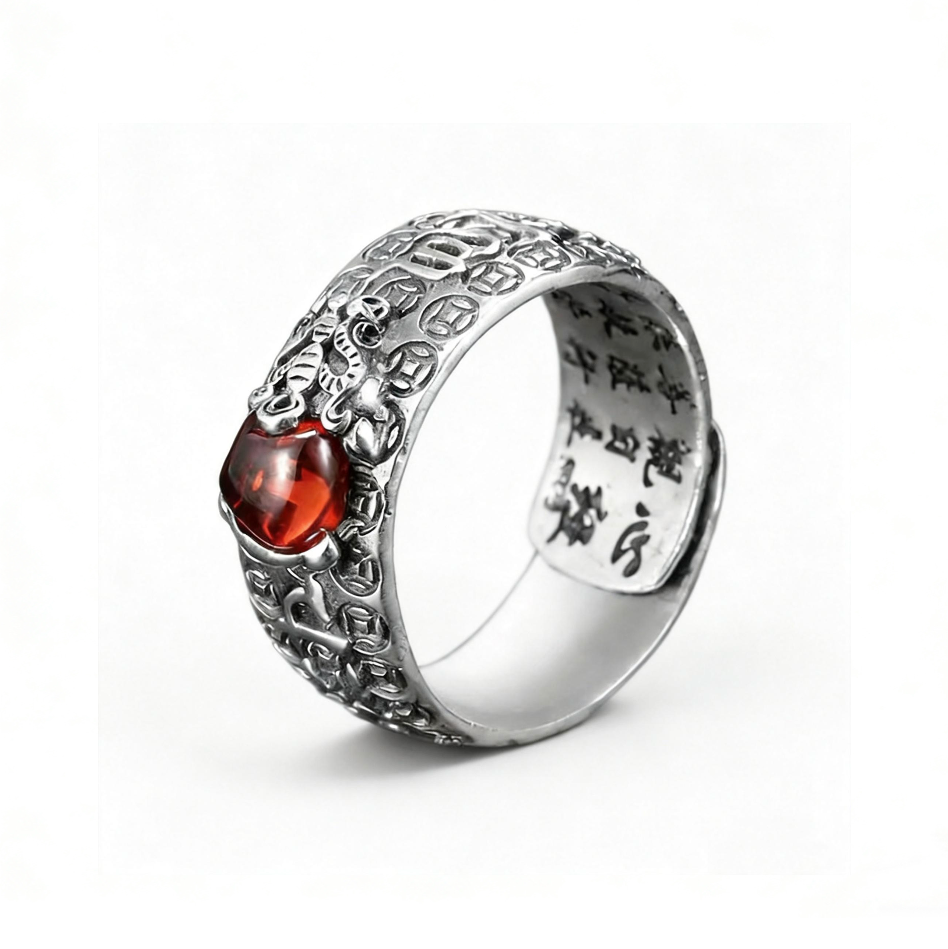 Garnet PiXiu Wealth Ring by TheFuMaster – Feng Shui energy jewelry symbolizing prosperity and protection