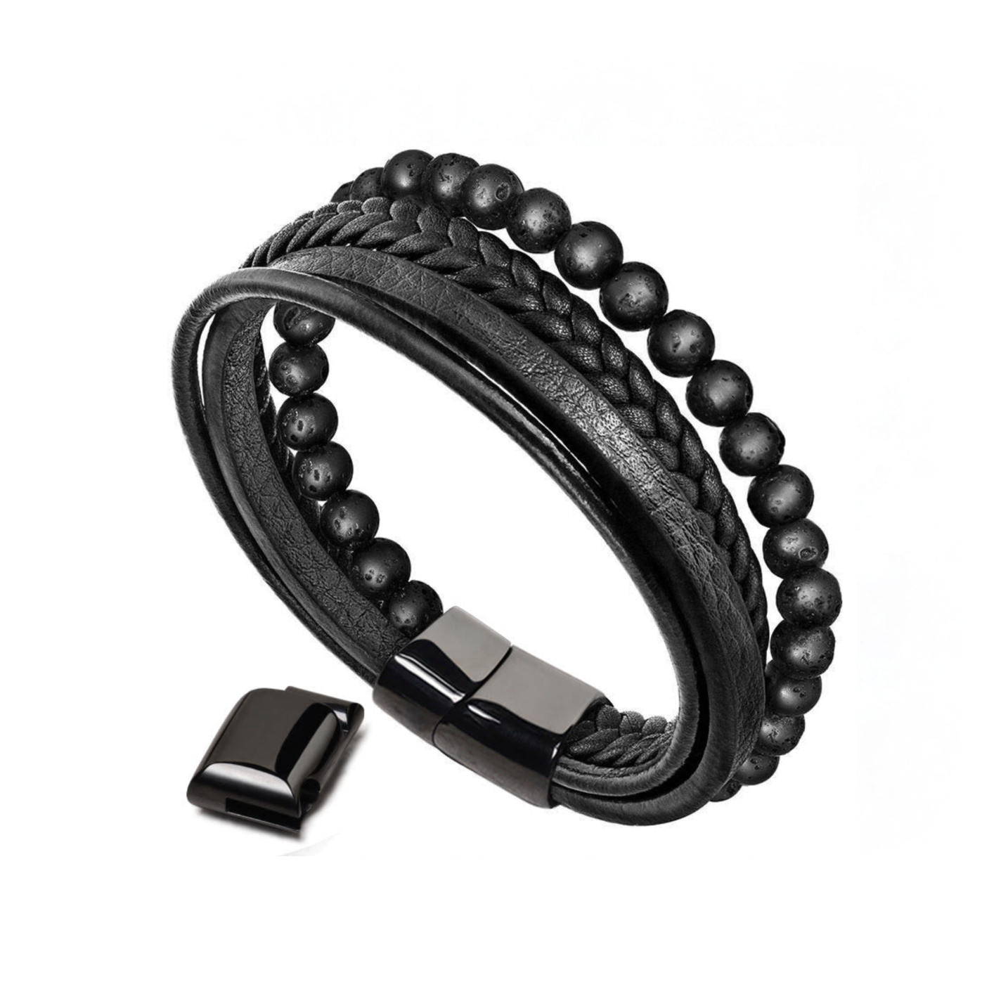 Grounded Edge Black Obsidian & Lava Rock Leather Bracelet