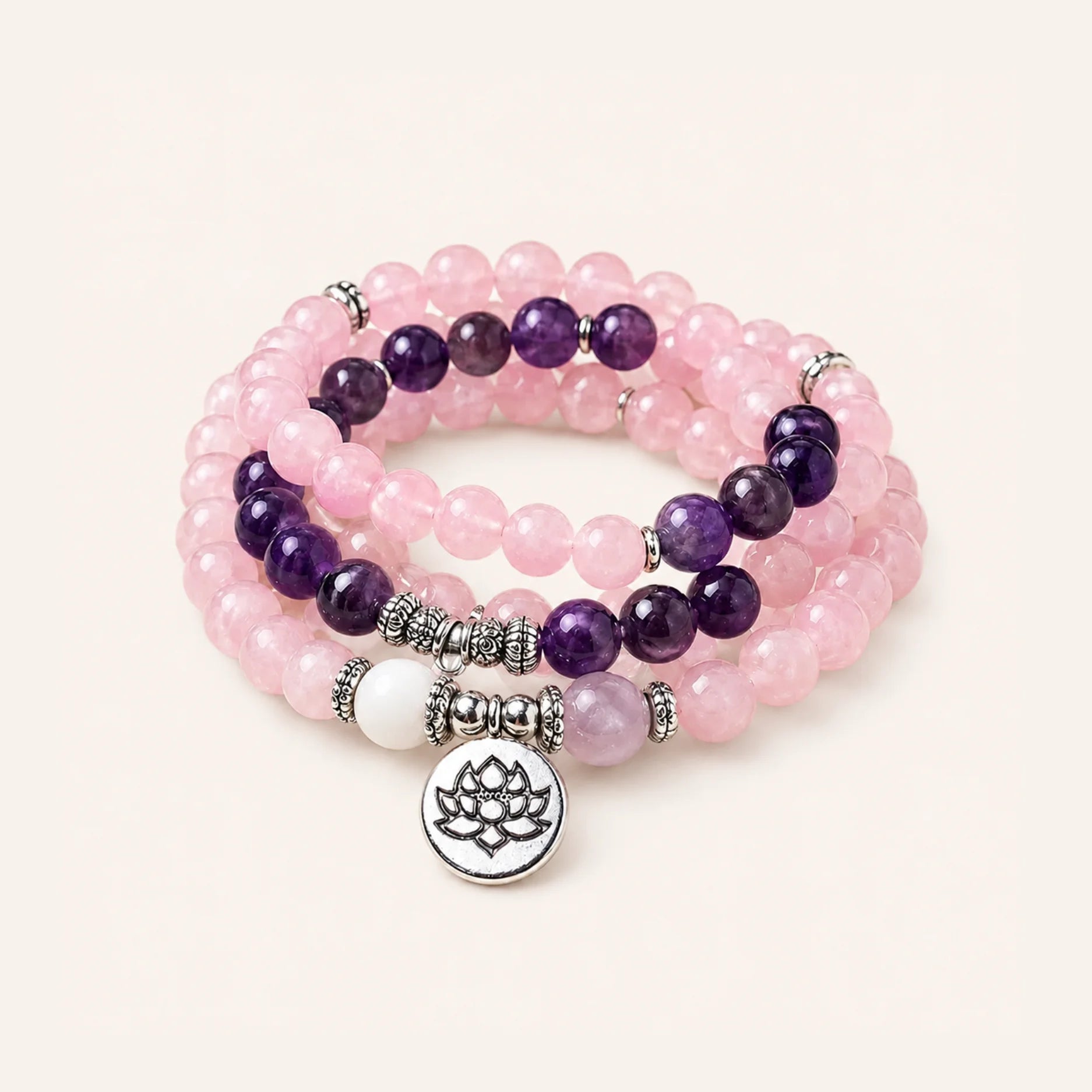 Rose and Plum Lotus 108-Bead Mala Necklace