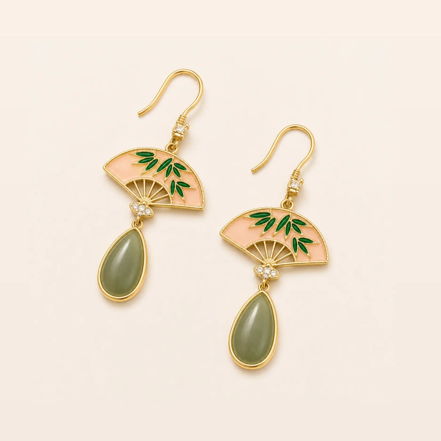 Still Grace Gold Bamboo Fan Jade Drop Earrings