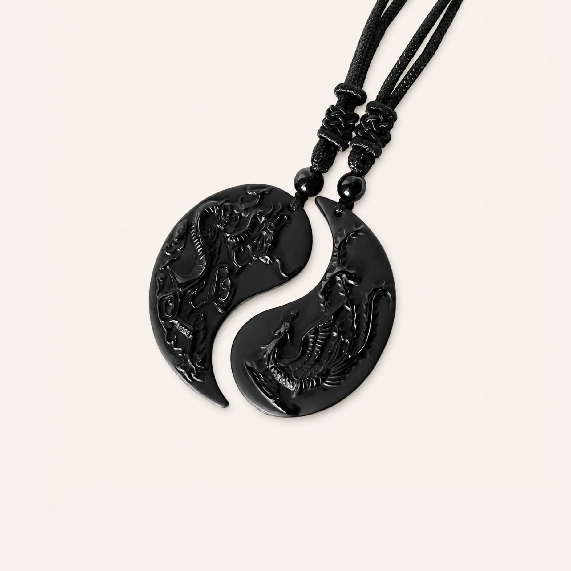 Bound Together Dragon Phoenix Obsidian Couple Pendants