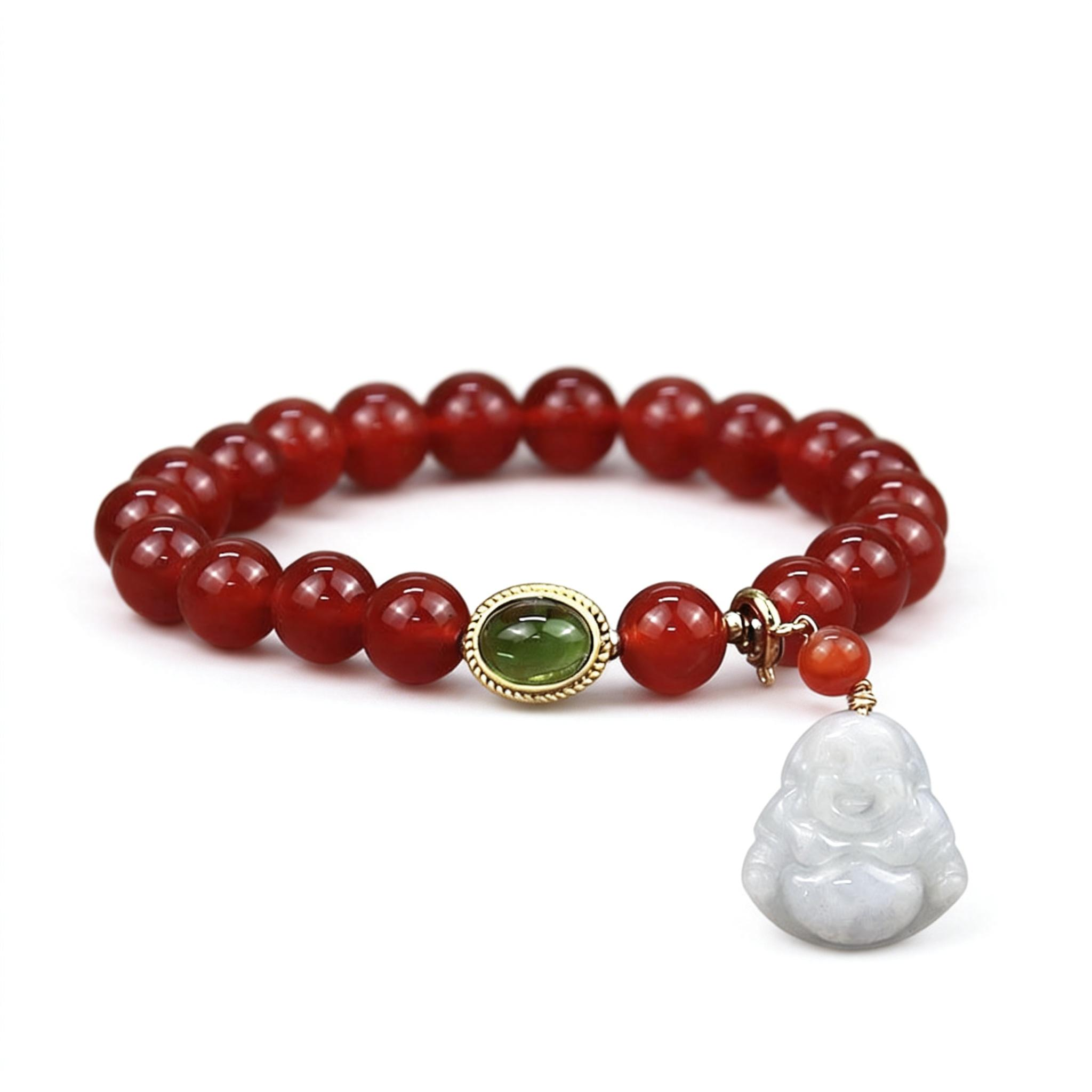 Bracelet with red beads and a Buddha charm on a white background
