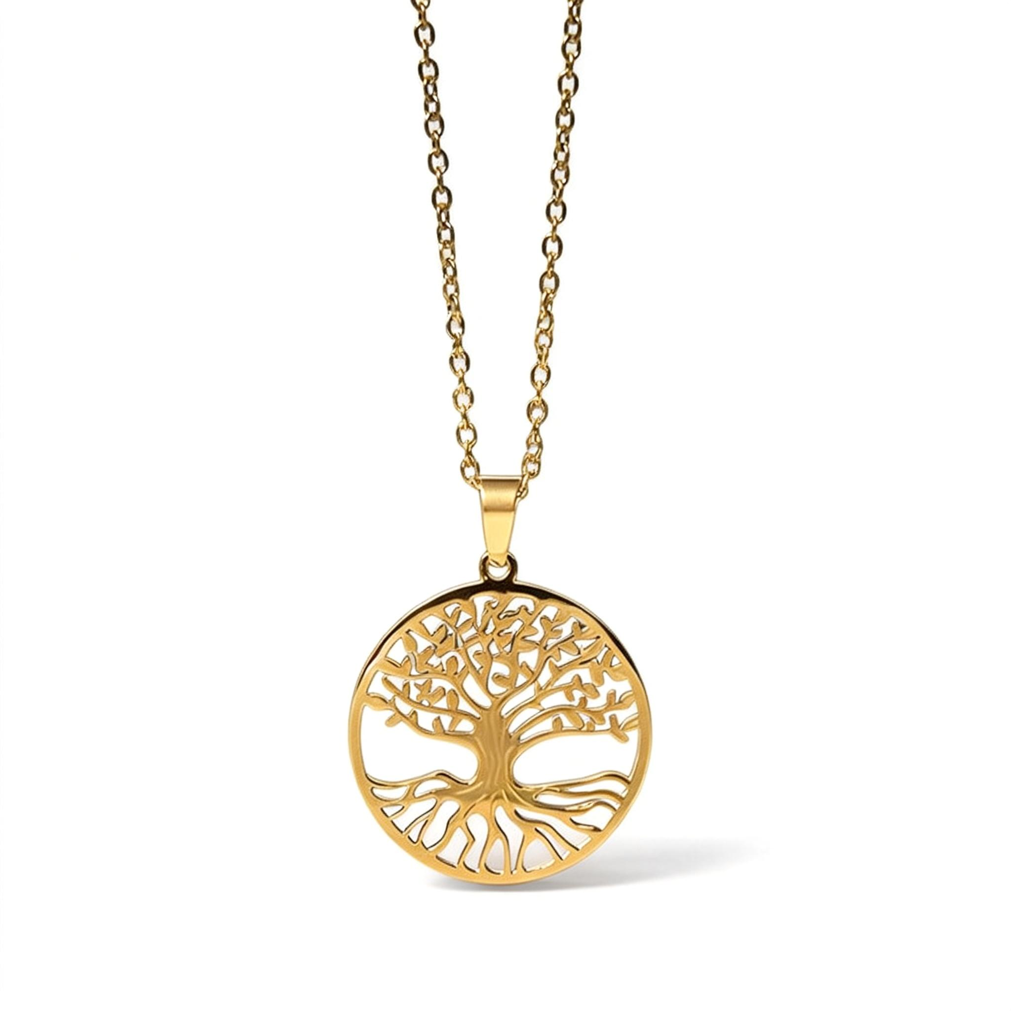 Gold tree of life necklace on a white background