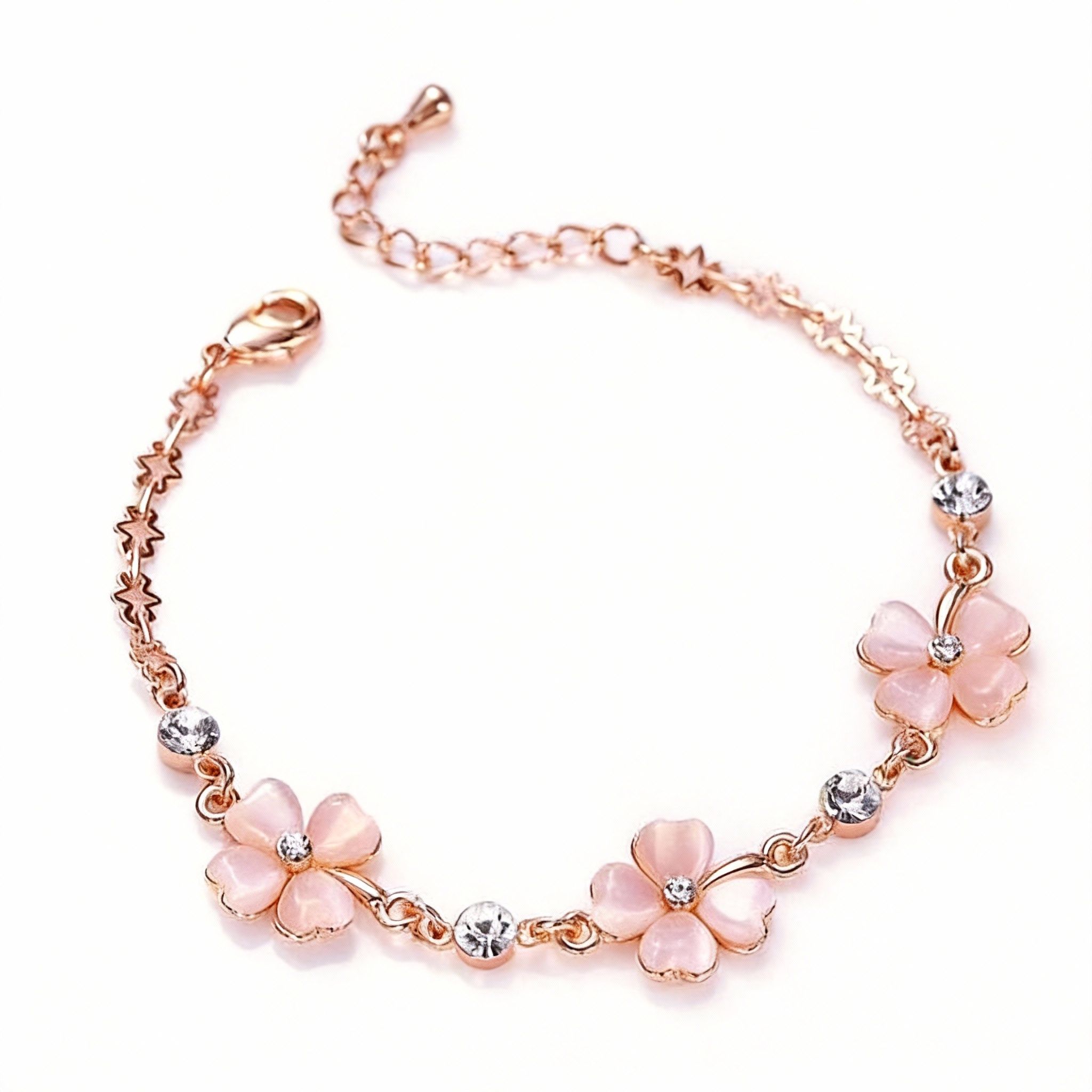 Crafted with rose gold-plated chain featuring three cherry blossom pink cat's eye clover flowers, each accented with sparkling crystal centers and star-shaped links, this bracelet exudes soft romance and symbolizes luck, hope, and love—perfect for gifting or personal wear.