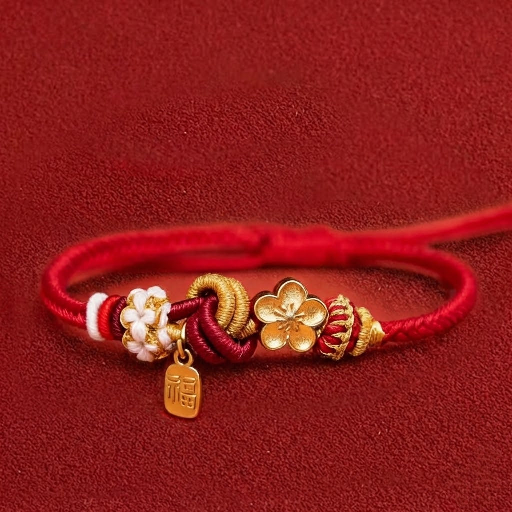 Handwoven with red cord, adorned with a golden peach blossom and a "Fu" (blessing) pendant, symbolizing love and good fortune. The exquisite design blends traditional auspicious meaning with modern style, making it a perfect accessory for daily wear.