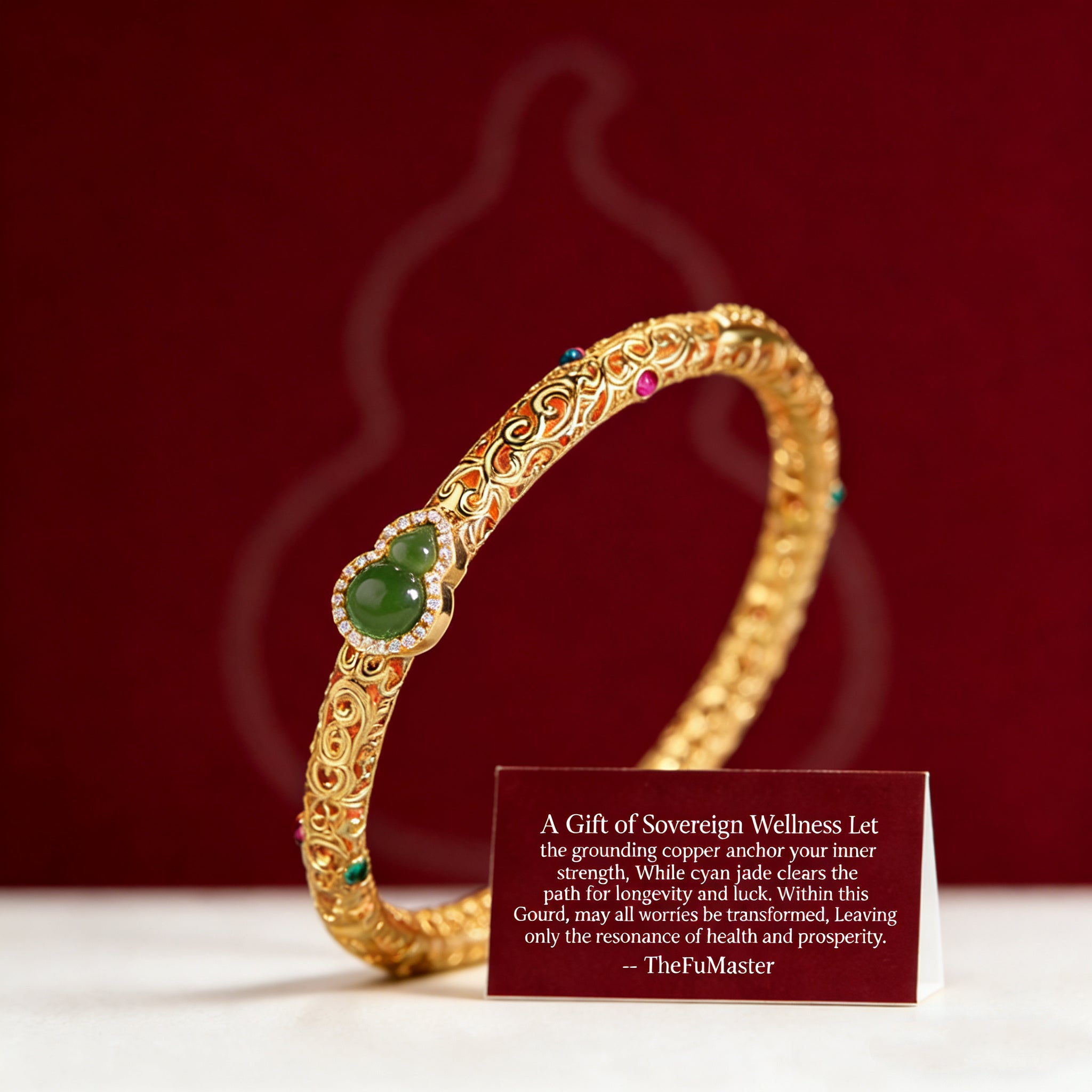 Crafted with traditional gold filigree technique, the bracelet features intricate auspicious cloud patterns and a central natural Hetian碧玉 gourd pendant, symbolizing "blessings and prosperity". The fusion of gold and jade exudes both elegance and profound Eastern cultural meaning, making it a perfect choice for daily wear or collection.