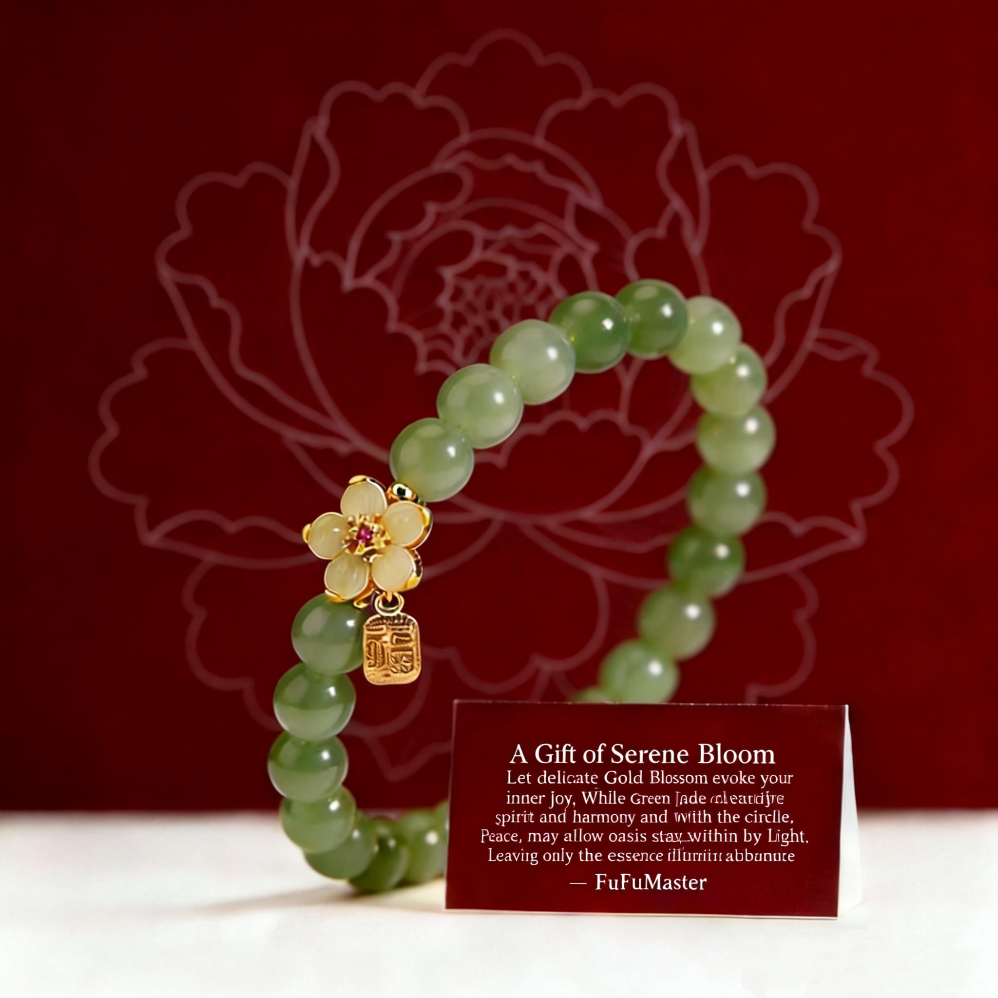 Green beaded bracelet with a gold charm on a red background