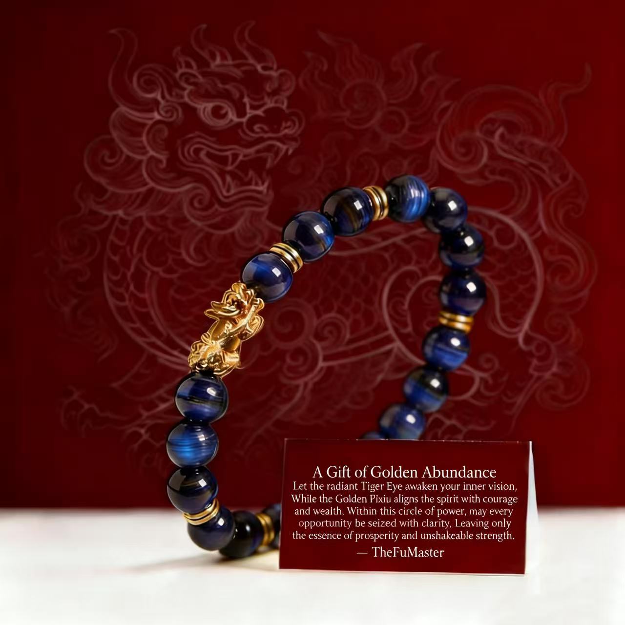 Blue beaded bracelet with gold accents on a red background