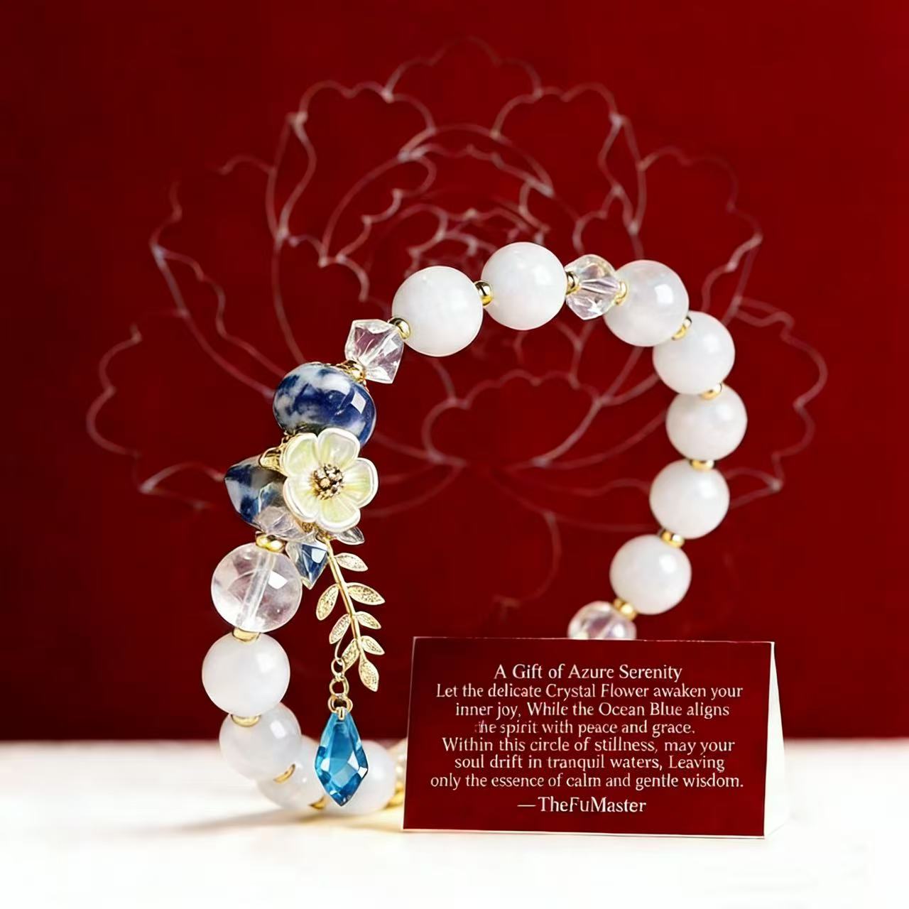 Decorative bracelet with flowers and crystals on a red background