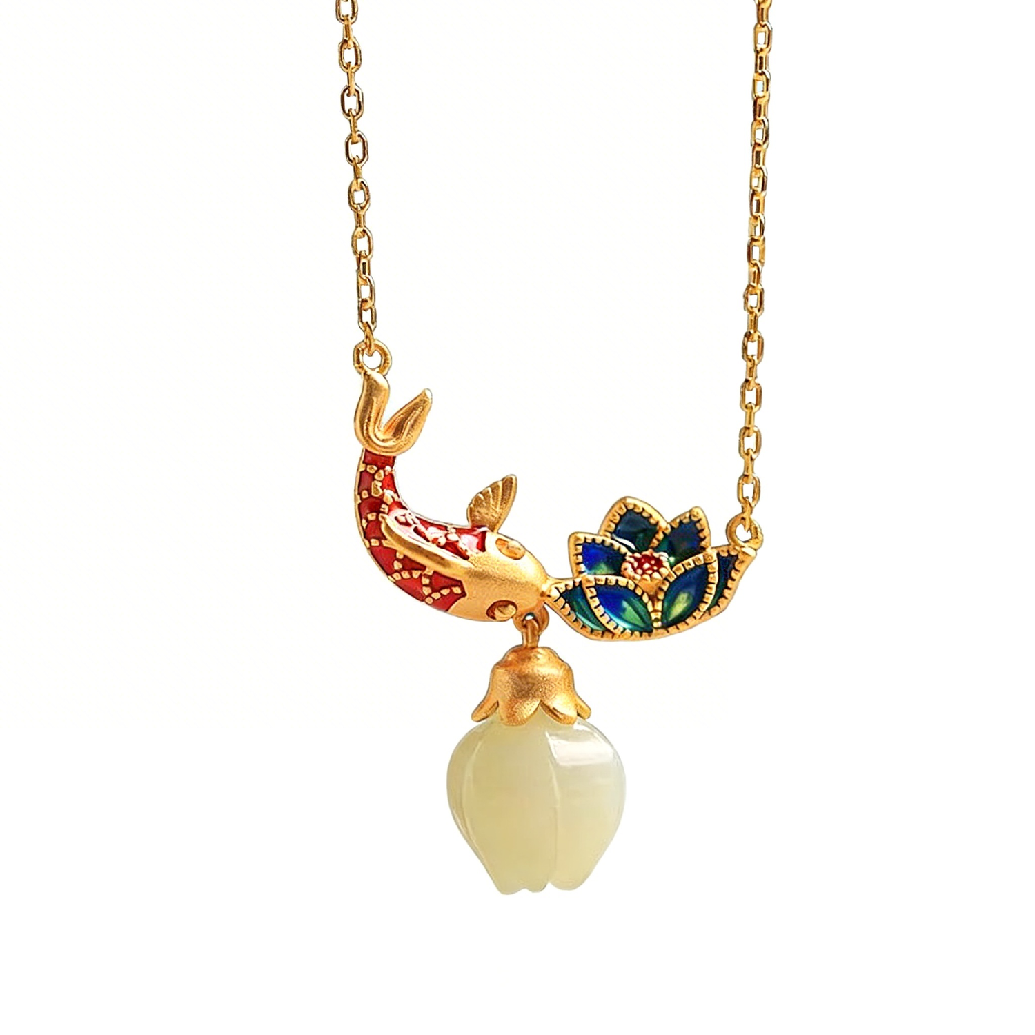 The Luminous Emergence White Jade Lotus & Koi Necklace