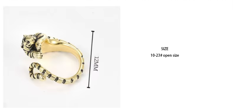 Gold lion head ring with measurement details on a white background