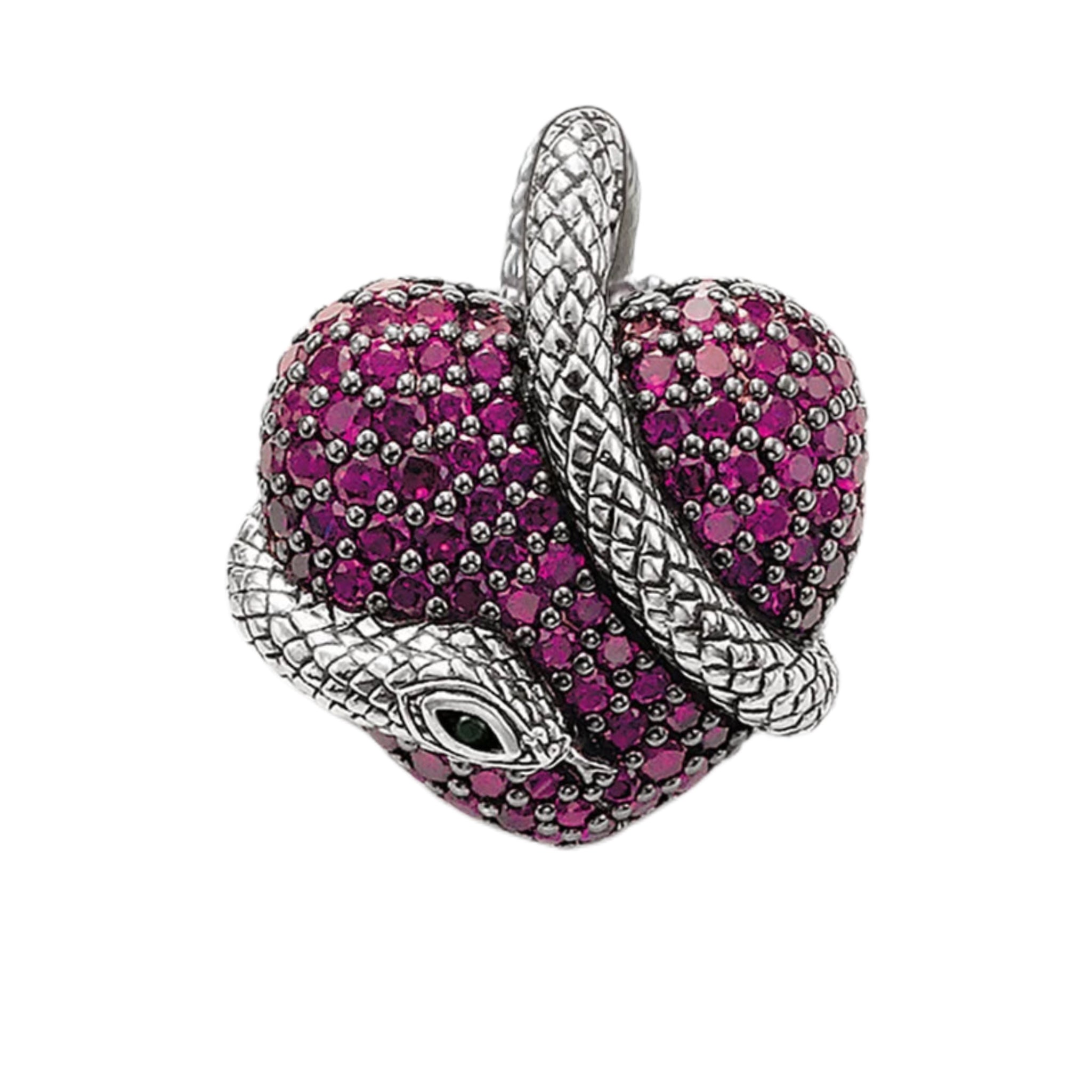 Jewelry charm with pink heart-shaped stones and silver snake design on a white background