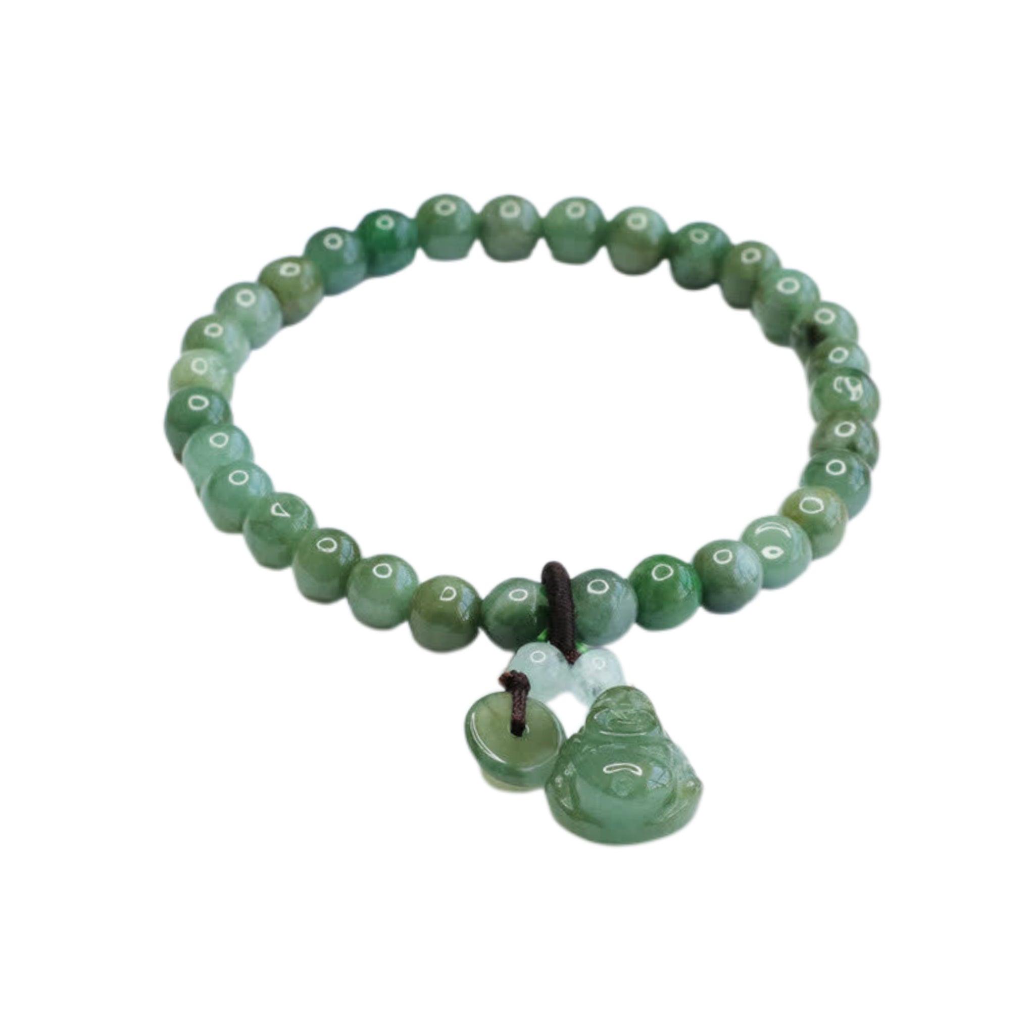 Green beaded bracelet with a Buddha pendant on a white background