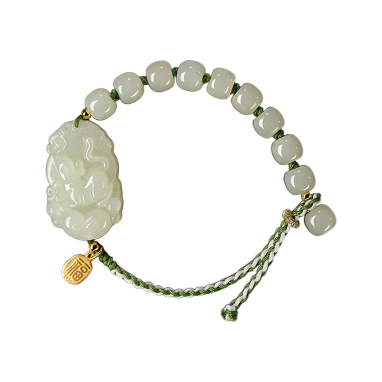 Jade bracelet with a carved pendant on a white background