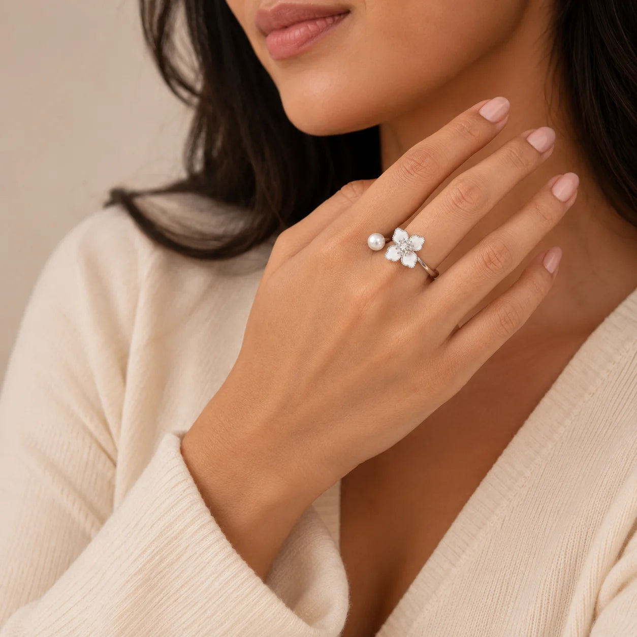Lucky Four-Leaf Clover Pearl Ring
