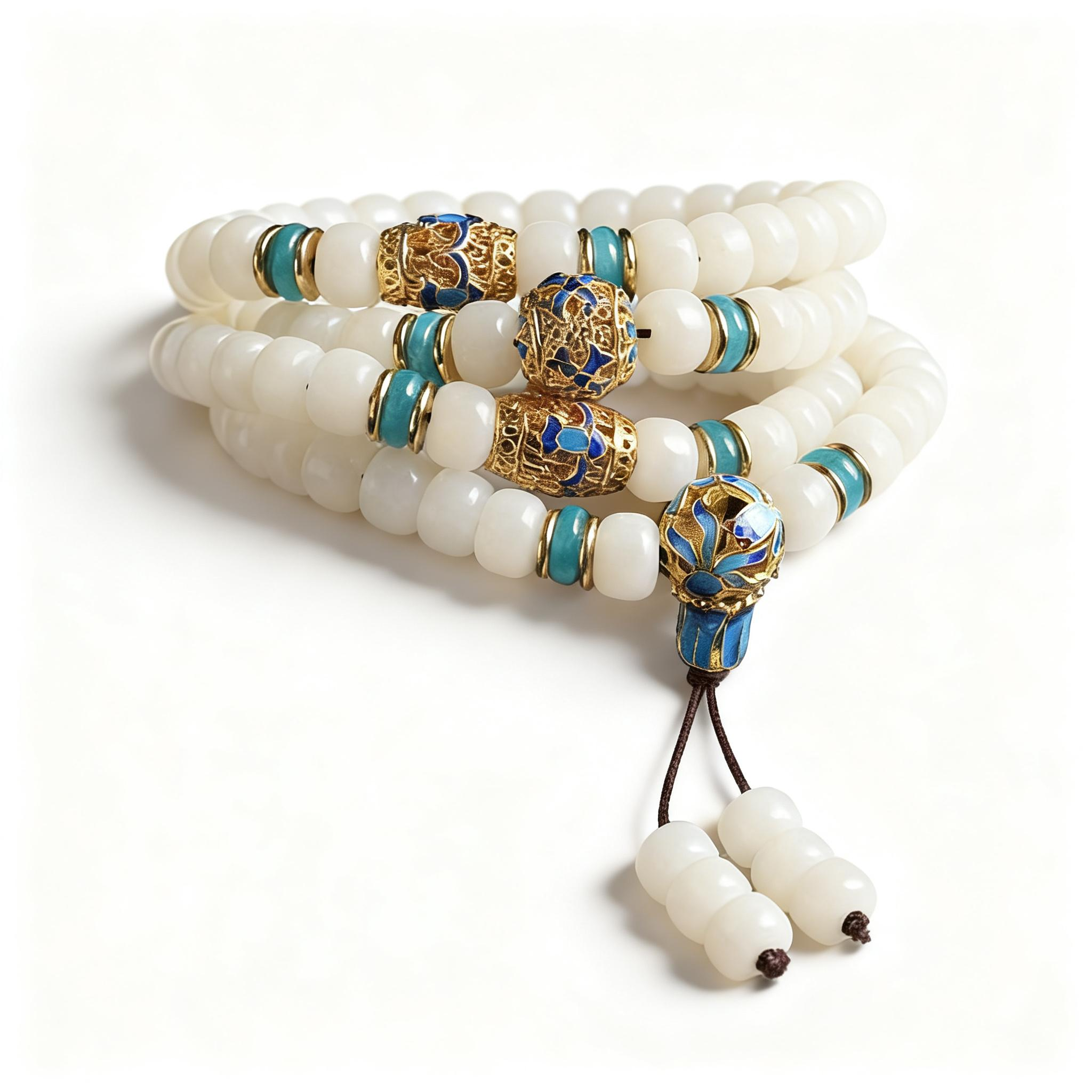 White Jade Bodhi Seed Wealth Mala Necklace and Bracelet by TheFuMaster