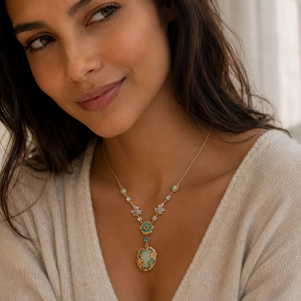 Harmonious Green Butterfly Flower Necklace