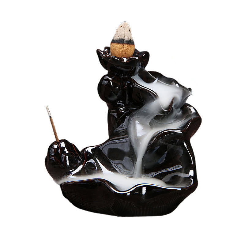 Black and white incense burner with smoke effect on a white background