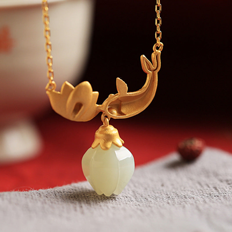 The Luminous Emergence White Jade Lotus & Koi Necklace