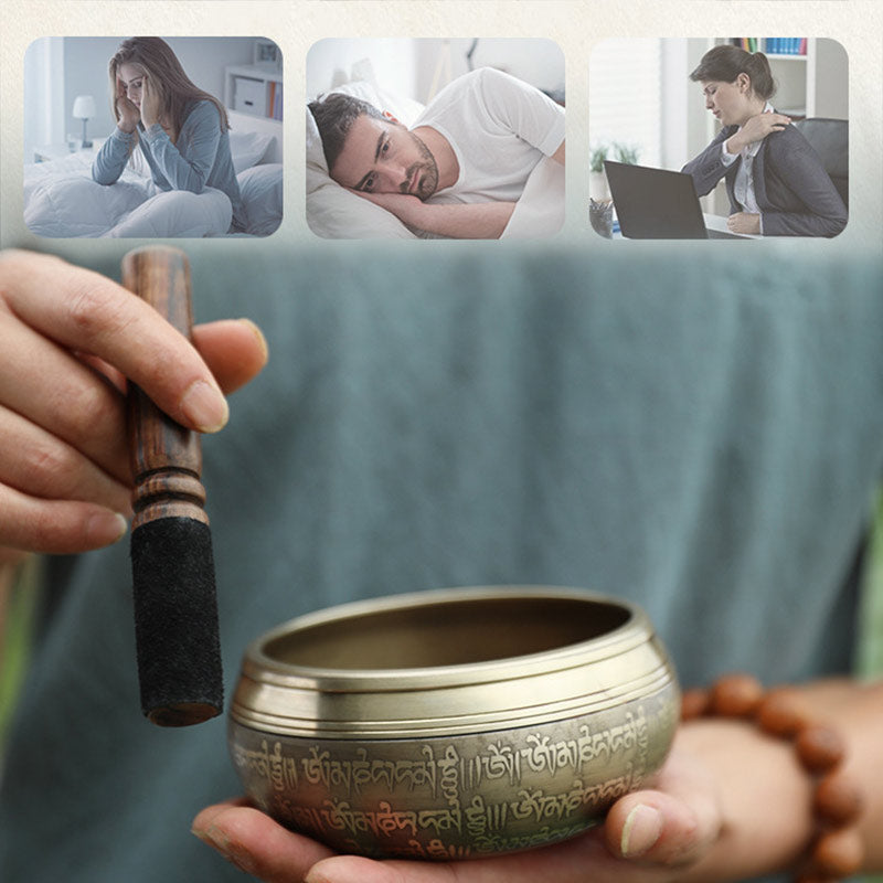 Person holding a singing bowl with a blurred background of people in various settings.