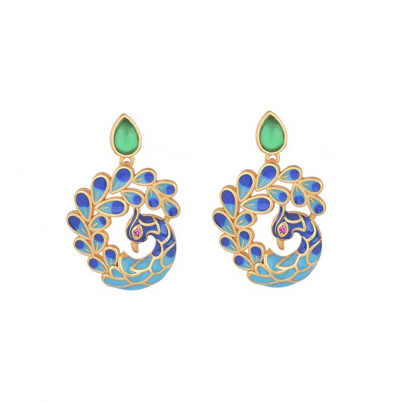 Pair of peacock-shaped earrings with blue and green details on a white background