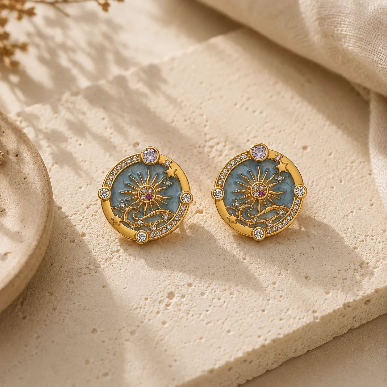 Enamel Sunburst Zircon Stud Earrings