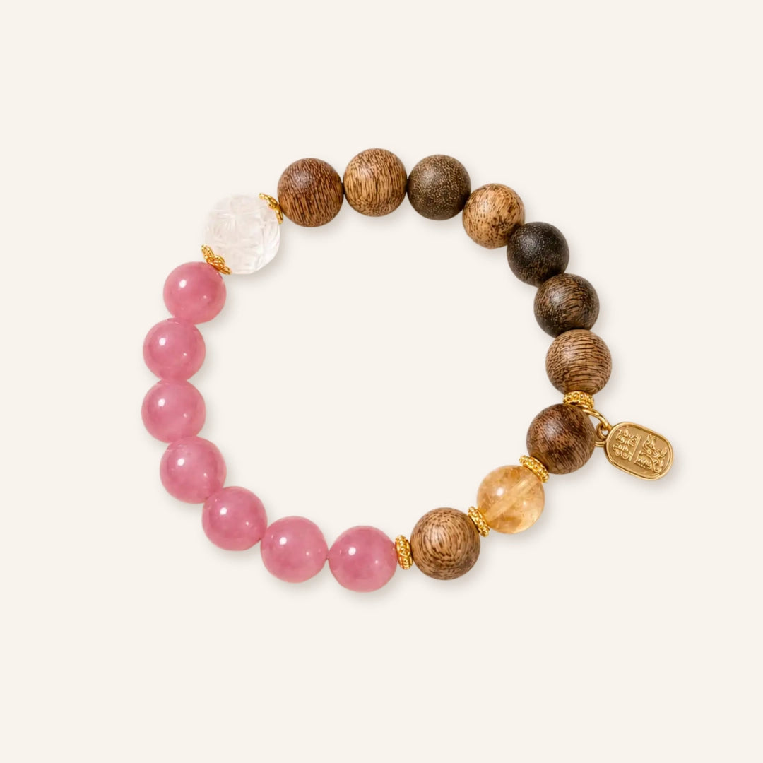 Rose Quartz Wood Lotus Bracelet with clear quartz and rose quartz