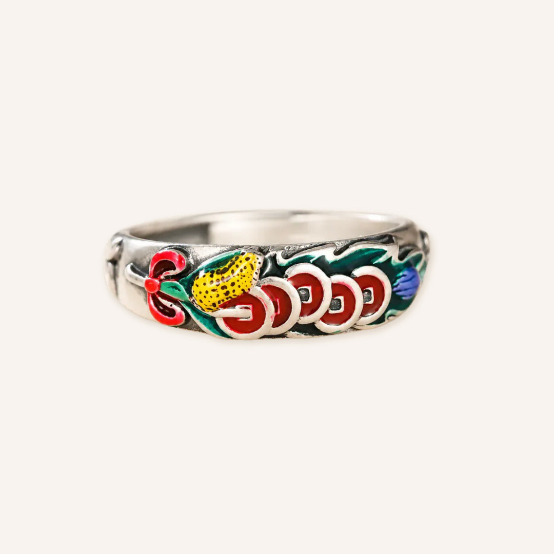 Five Emperor Coin Enamel Ring featuring a silver-tone adjustable band with colorful enamel coin motifs, inspired by traditional prosperity symbolism and designed for confident everyday wear.