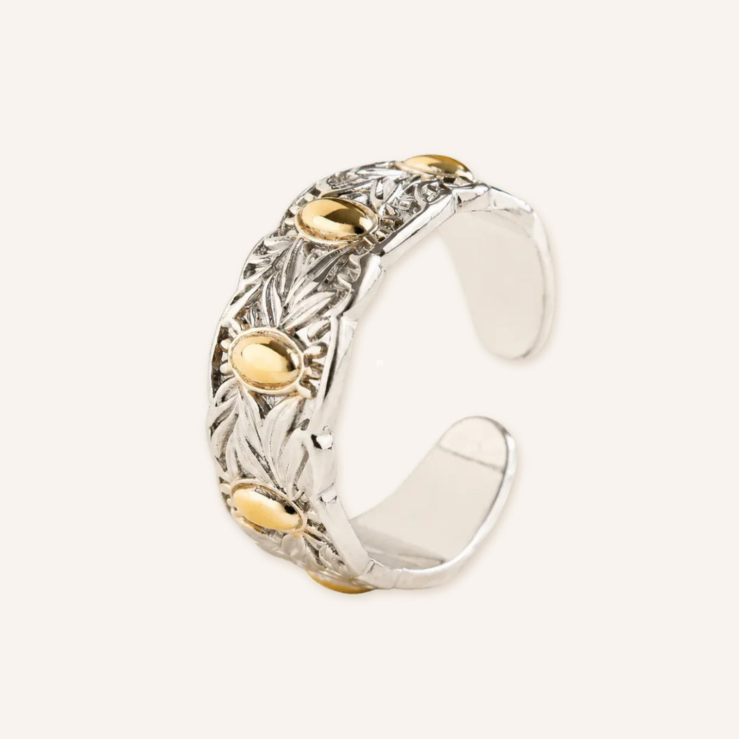 Harvest Wealth Seven Grain Ring featuring a two-tone silver and gold design with Seven Grain motifs, an adjustable open band, and detailed symbolic craftsmanship in a clean product image.