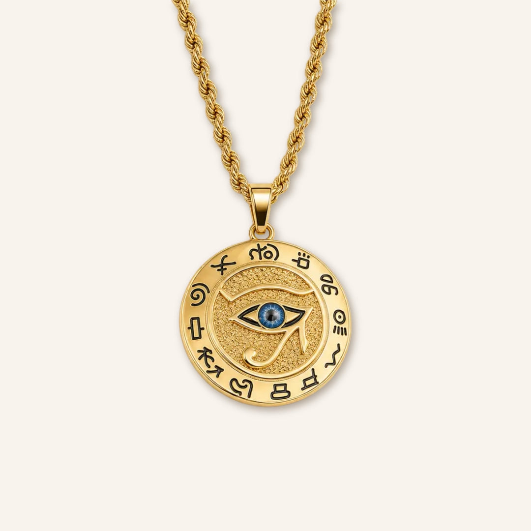 Quiet Guard Evil Eye Pendant Necklace featuring a gold-tone round medallion pendant, blue evil eye detail, and textured gold chain in a clean product image.