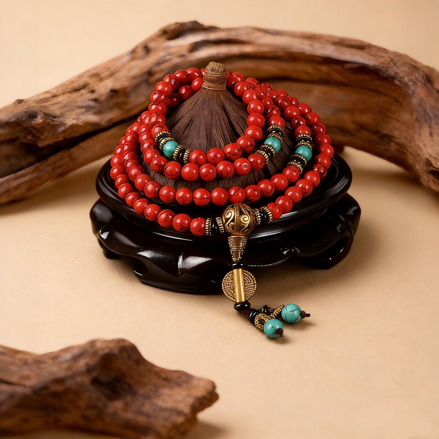 Red beaded necklace with green accents on a black stand, surrounded by natural wood elements on a beige background