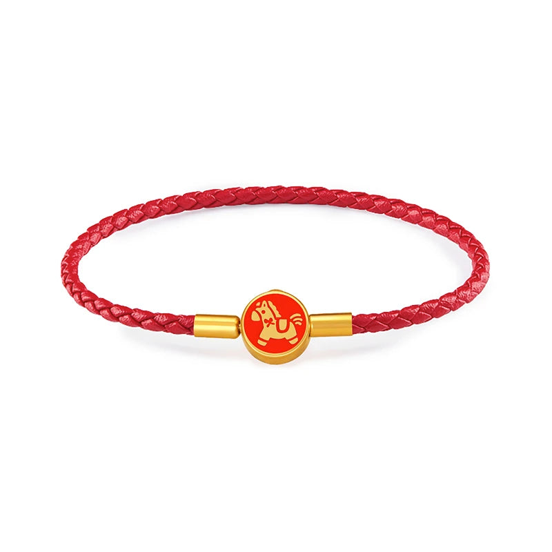 Red braided bracelet with a gold clasp featuring a red emblem on a white background